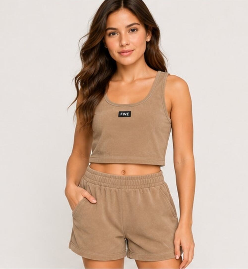 FIVE Beige Crop Tank and Shorts Sweat Lounge Set Womens LARGE Top SMALL Shorts